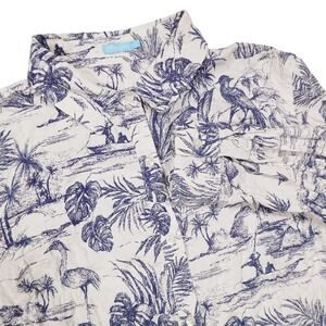 J MCLAUGHLIN‎ Women's M White Navy Tropical Bird Palm Tree Print Button Up Shirt